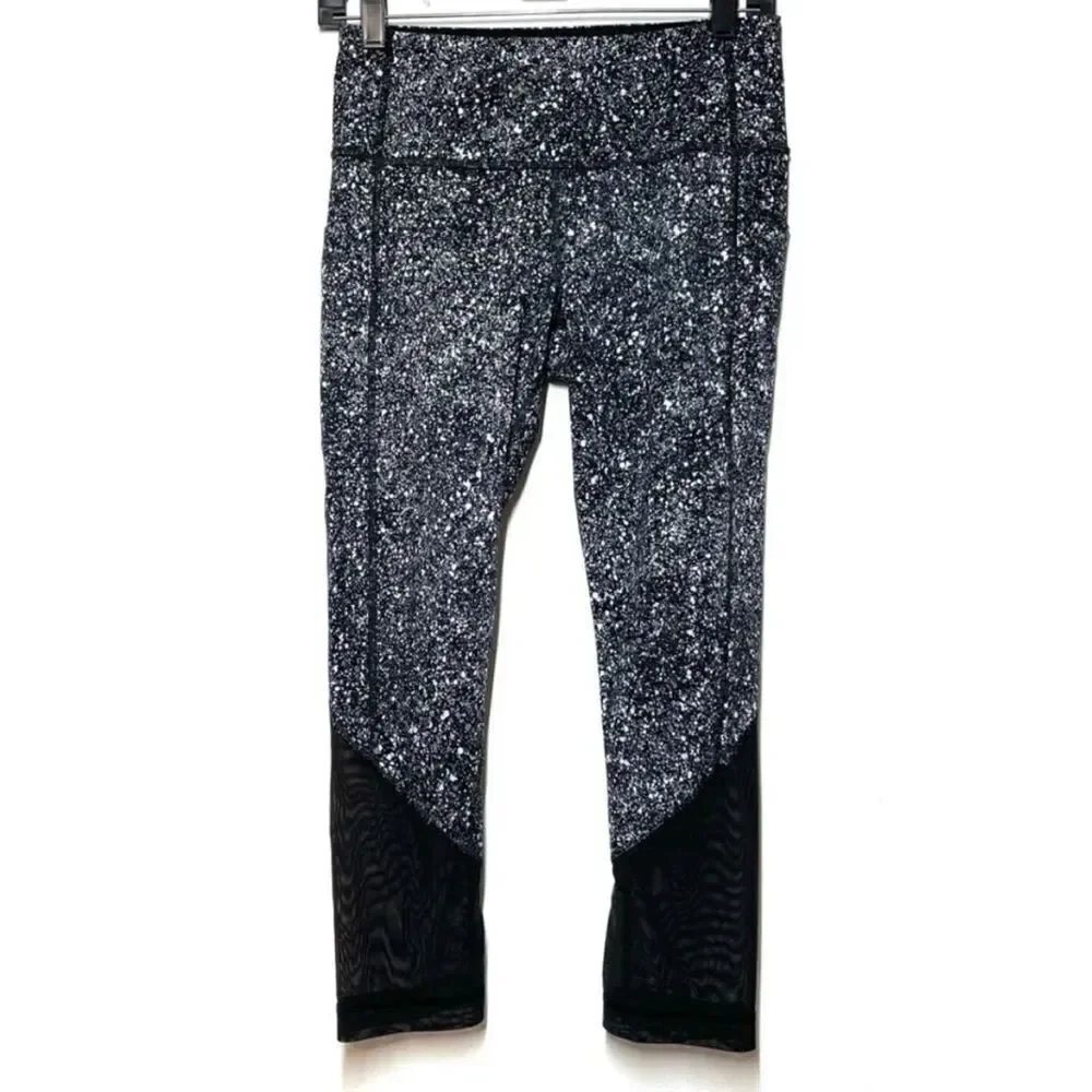 Lululemon Womens Leggings 6 Black White Pace Rival Crop Marathon Splatter Run